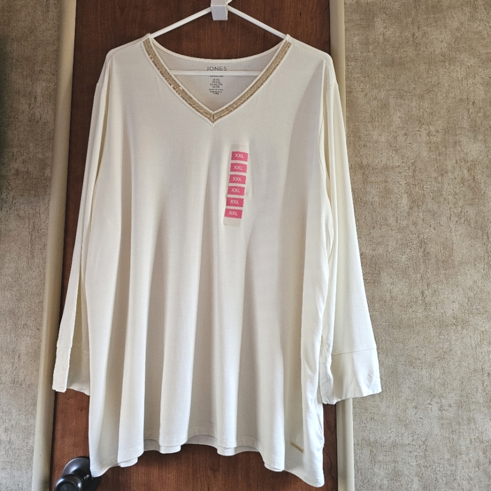 🔥 Jones New York Signature 3/4 Sleeve V-Neck Ivory Size XXL